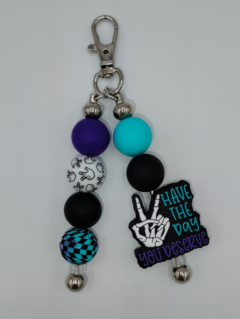 Handcrafted Keychain/Bag Charm "Have the Day You Deserve" - Purple & Teal